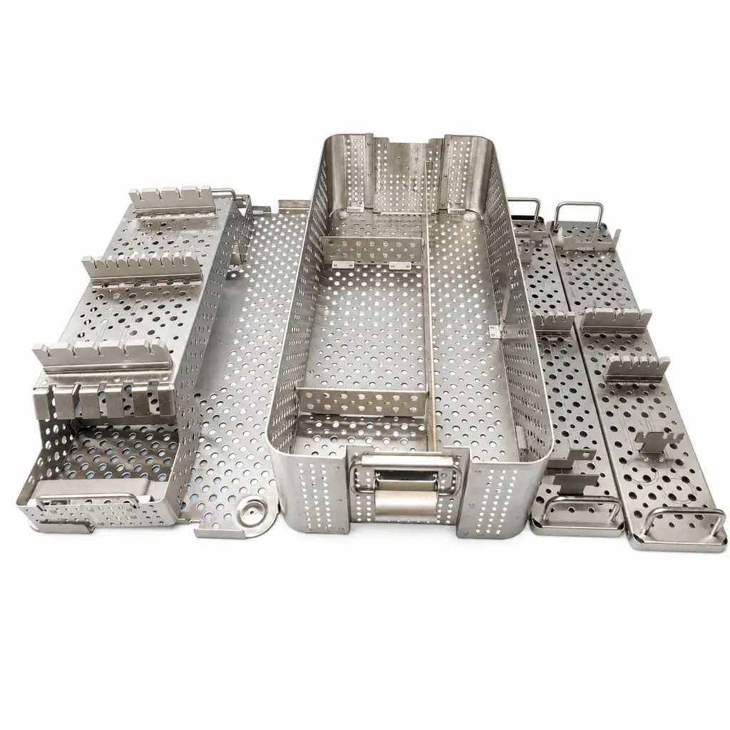 Stainless steel sterilization case tray with perforated design and compartments for biomed certified premium ii shoulder system