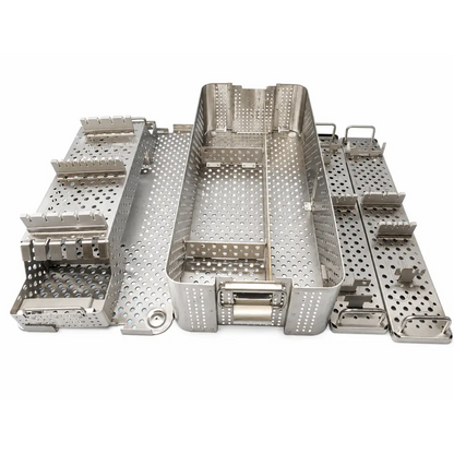 Stainless steel sterilization case tray with perforated design and compartments for biomed certified premium ii shoulder system