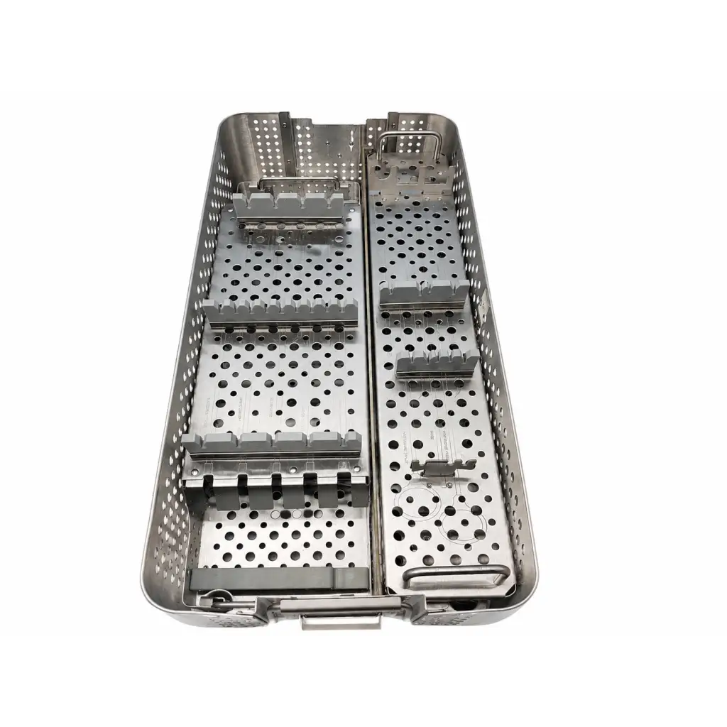 Stainless steel biomed certified sterilization case with perforated sides and compartments for premium ii shoulder use