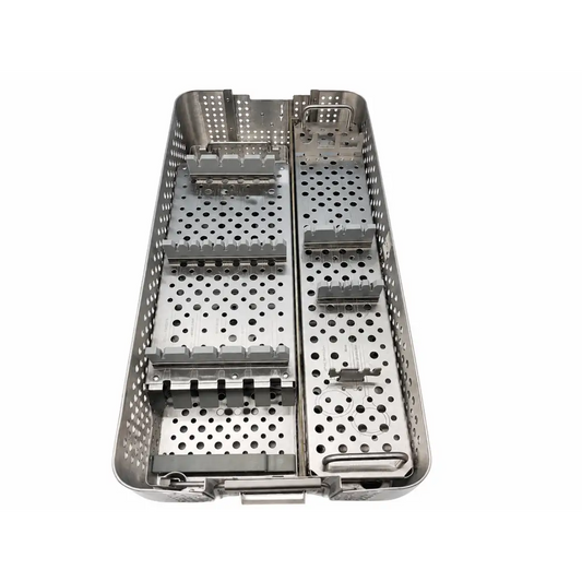 Stainless steel sterilization case with perforated sides and compartments for premium ii shoulder use