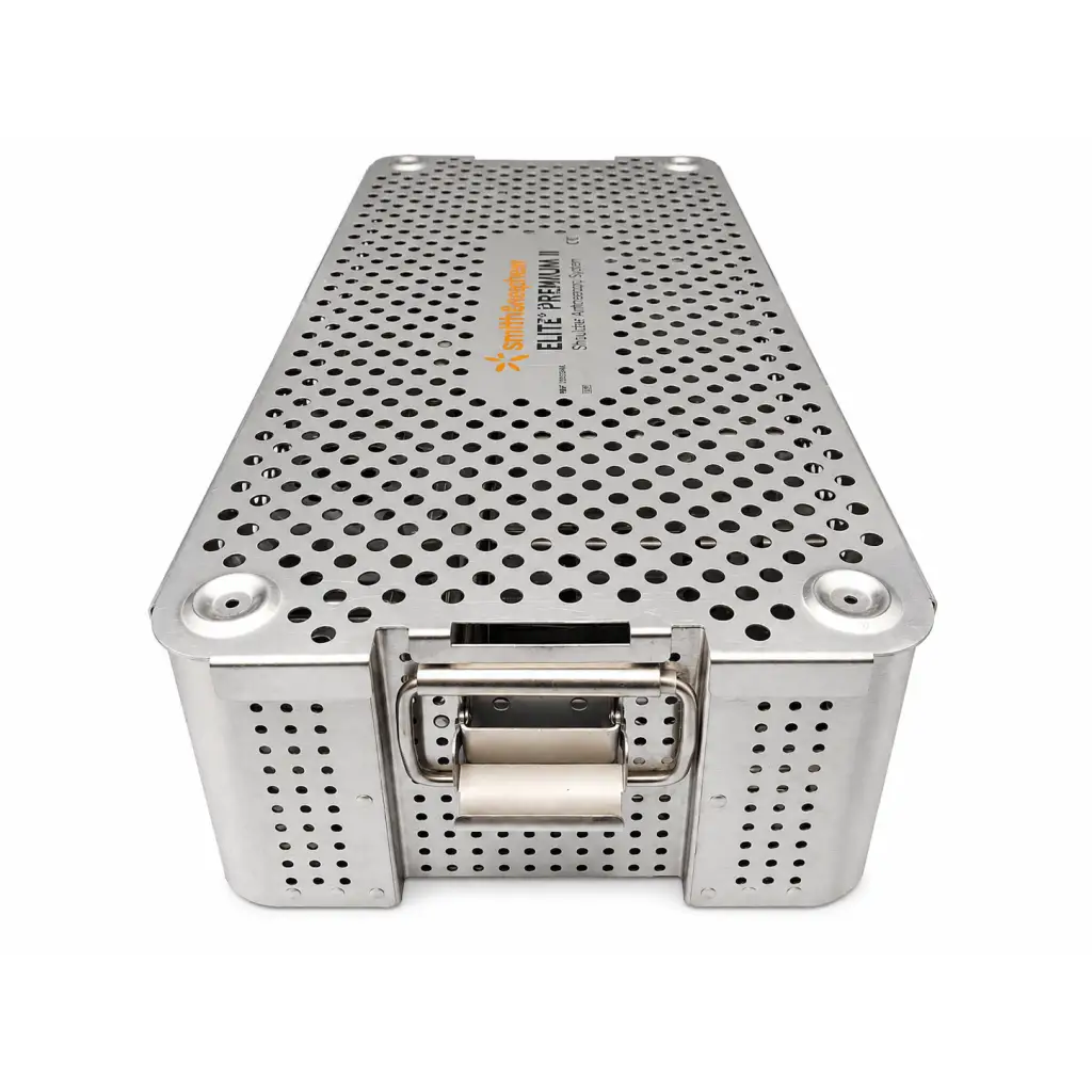 Silver perforated stainless steel biomed certified sterilization case with sturdy latch for Smith & Nephew elite premium ii shoulder