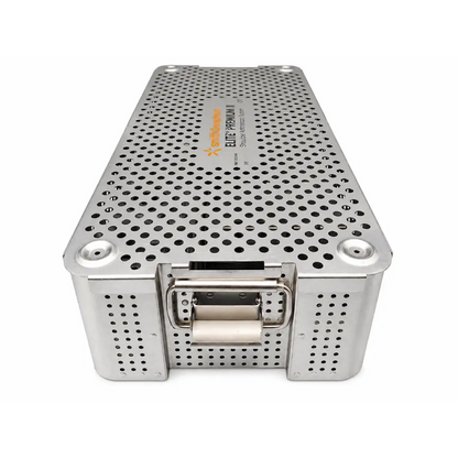 Silver perforated stainless steel biomed certified sterilization case with sturdy latch for Smith & Nephew elite premium ii shoulder