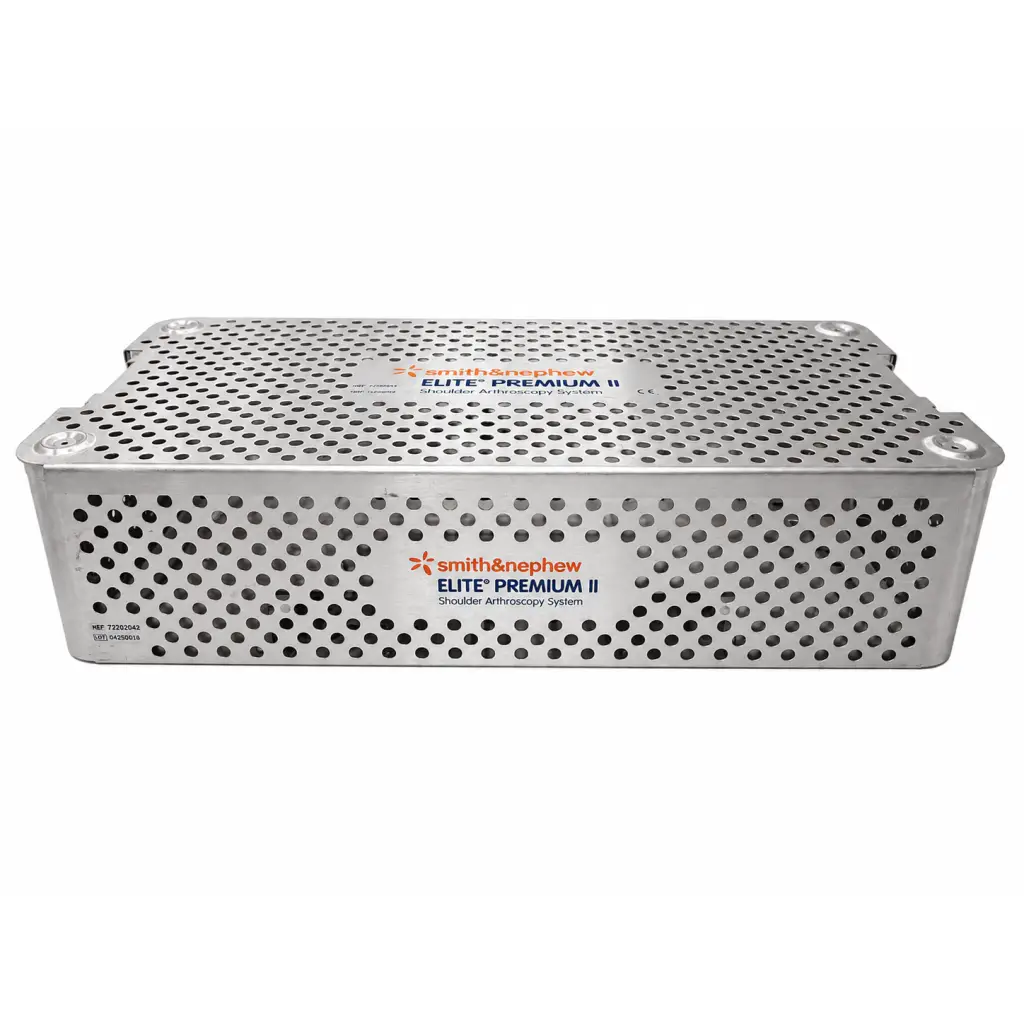 Silver perforated metal biomed certified sterilization case for smith and nephew elite premium ii shoulder arthroscopy system
