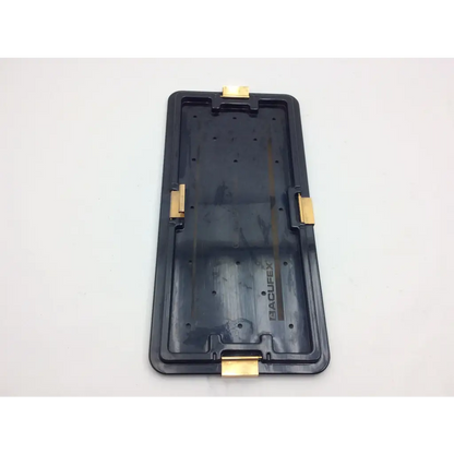 Back of black plastic nephew acufex graftmaster case with gold metal clips and jacufex logo embossed