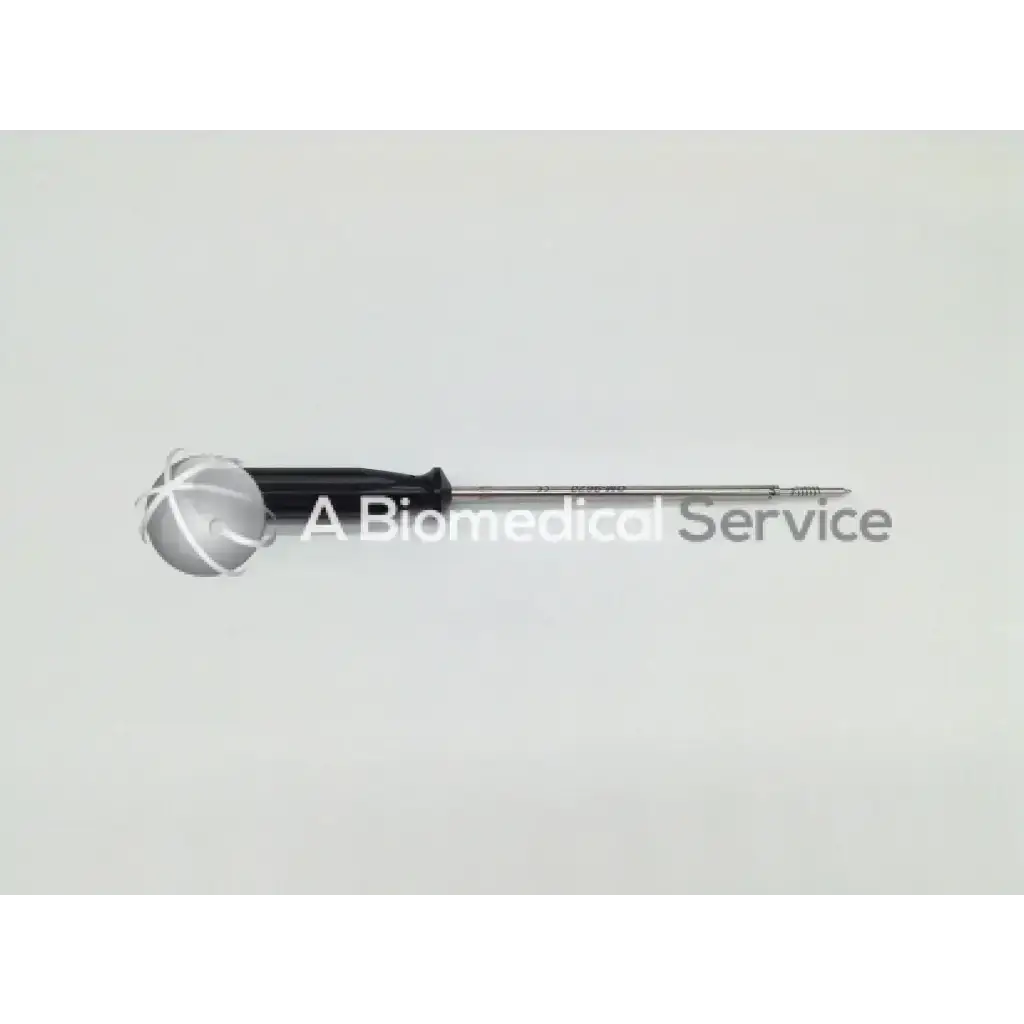 Black-handled arthrocare opus speedscrew punch tap with metallic shaft and fine threading for precise surgical use