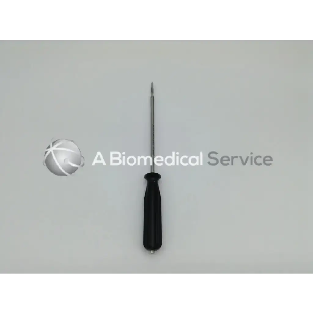 Black-handled arthrocare opus speedscrew punch tap with metallic shaft and pointed tip for precise surgical use