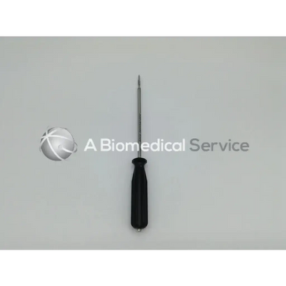 Black-handled arthrocare opus speedscrew punch tap with metallic shaft and pointed tip for precise surgical use