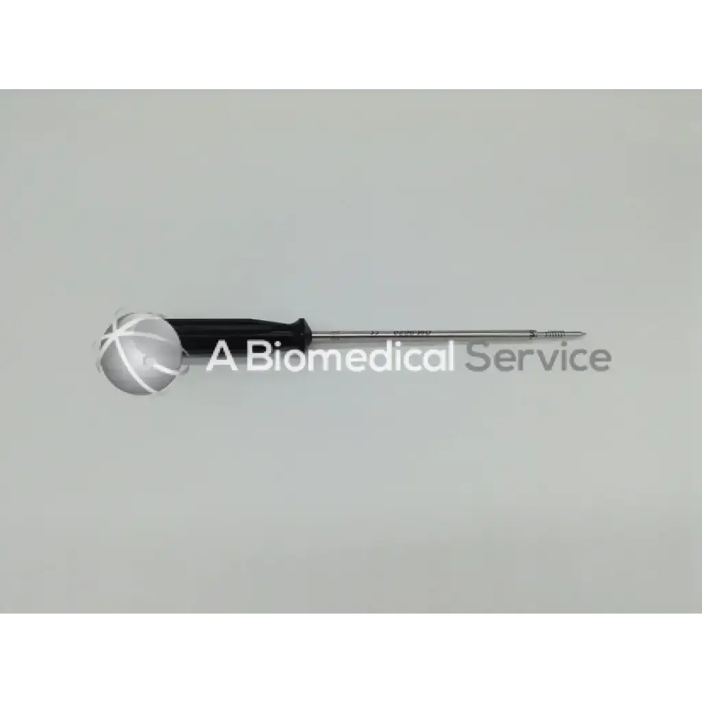 Black-handled arthrocare opus speedscrew punch tap with metallic shaft and fine threading for precise surgical use