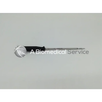 Black-handled arthrocare opus speedscrew punch tap with metallic shaft and fine threading for precise surgical use