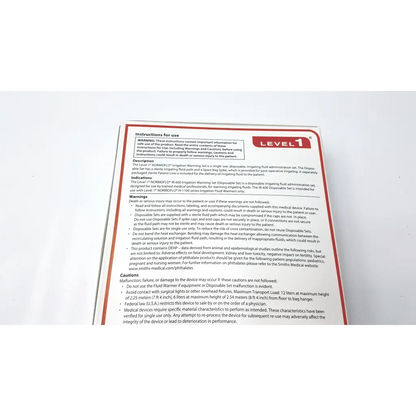 Packaging of smiths medical normoflo irrigation warming set level 1 disposable with printed instructions and warnings