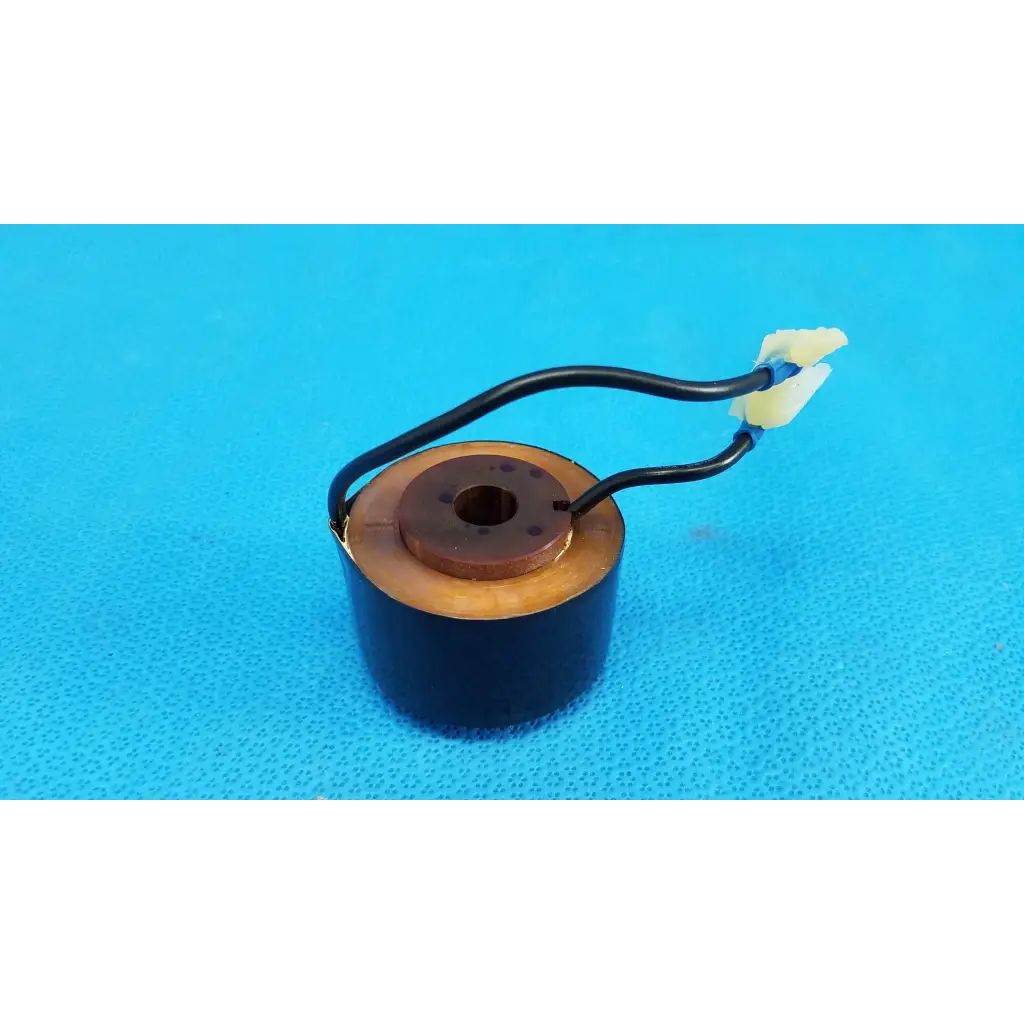 Black cylindrical solenoid actuator electromagnetic coil with copper windings and yellow wire connectors for topcon retinal camera