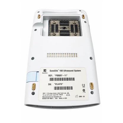 White sonosite 180 portable ultrasound system with gold mounting screws and visible internal circuit board biomed certified included components