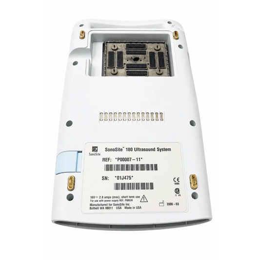 White sonosite 180 portable ultrasound system with gold mounting screws and visible internal circuit board included components