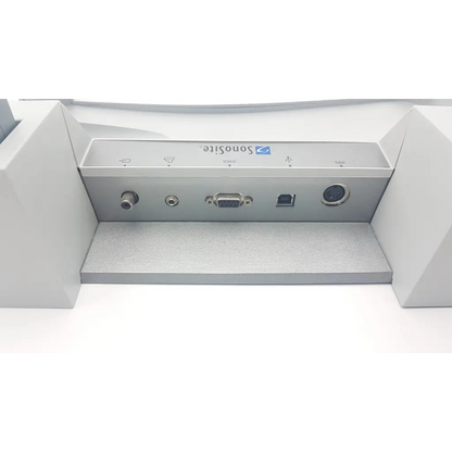 Back panel of silver sonosite ilook docking station charger p02414-03 showing multiple ports and connectors
