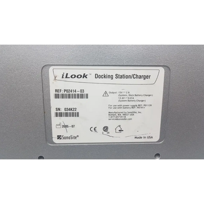 Sonosite iLook docking station charger P02414-03 silver with matte finish and white label detailing specifications