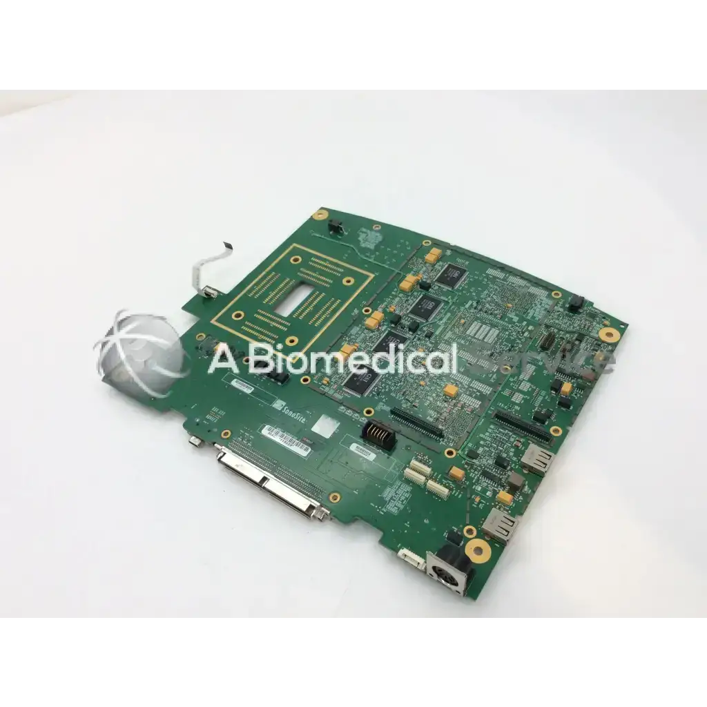 Green circuit board with gold connectors and black integrated circuits in sonoSite p04173-03 ultrasound board product