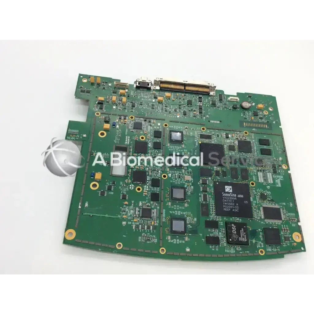 Green sonosite p04173-03 ultrasound board with black integrated circuits and gold-plated connectors for ultrasound systems