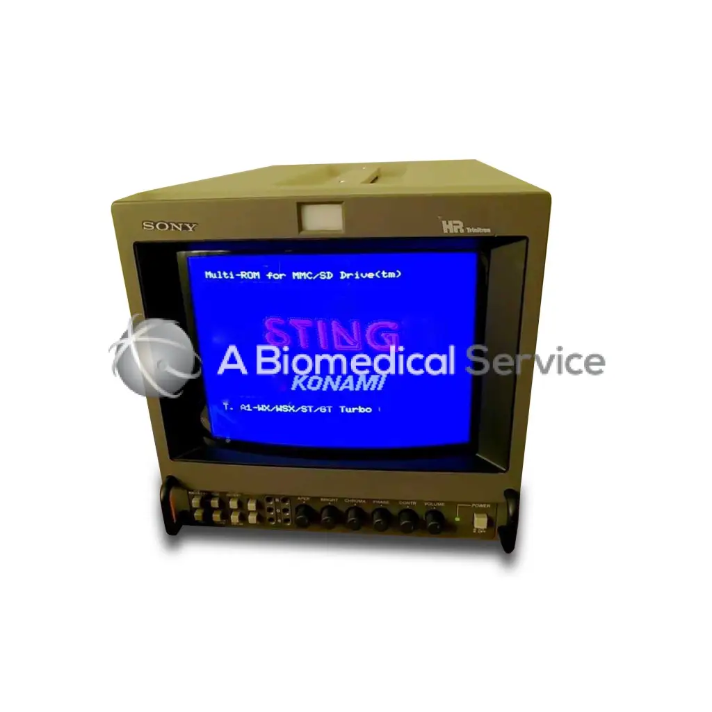 Beige sony pvm-20n5u trinitron color video security monitor displaying a blue screen with biomedical service konami text