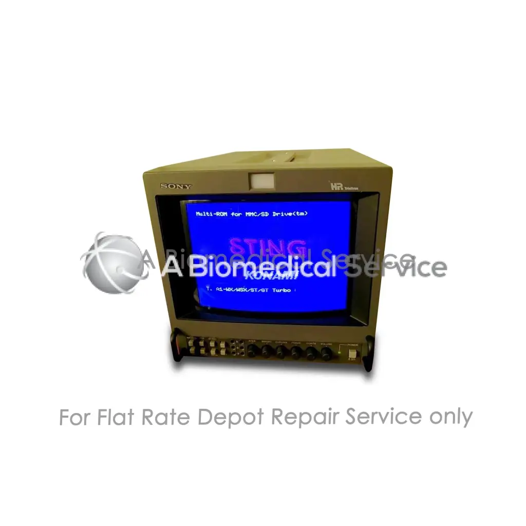 Beige sony pvm-20n5u trinitron color video security monitor with blue diagnostic screen showing repair service status