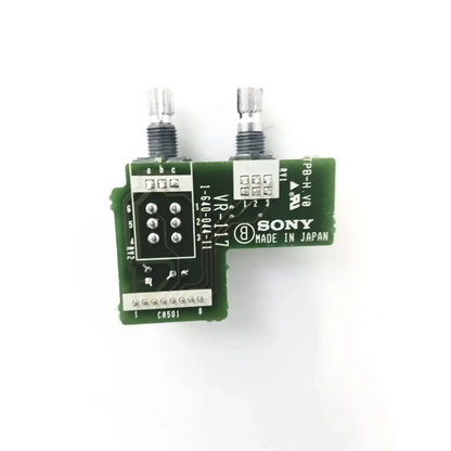 Green sony vr- 117 circuit board with two silver knobs and labeled components for board bbcbb3-10c 22523sm use