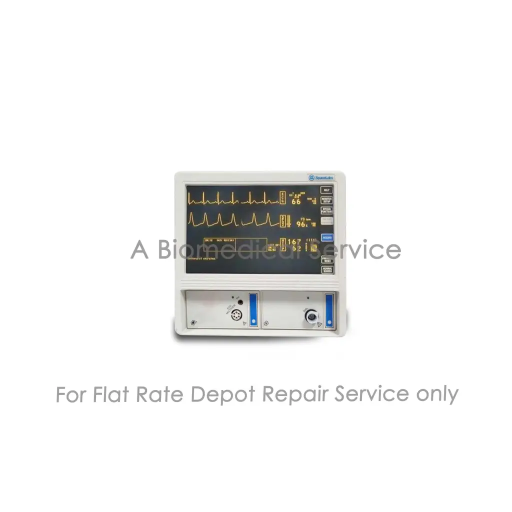 White nihon medical multiparameter patient monitor with yellow ecg waveforms on black screen for repair service