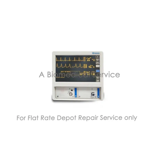 White nihon medical multiparameter patient monitor with yellow ecg waveforms on black screen for repair service