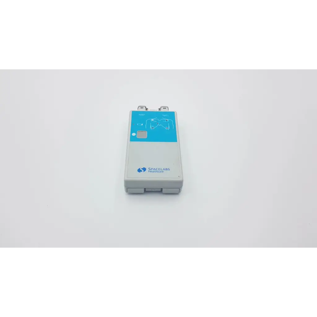 Gray and blue spacelabs ultraview digital telemetry multiparameter transmitter with rectangular design and two silver connectors on top