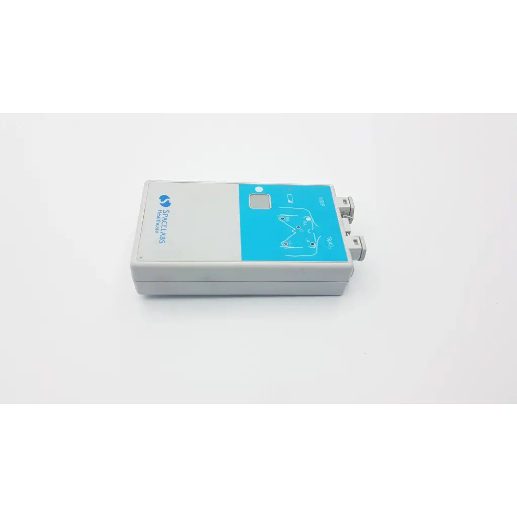 Gray and blue spacelabs 90343-05 ultraview digital telemetry multiparameter transmitter with small screen and somecare label