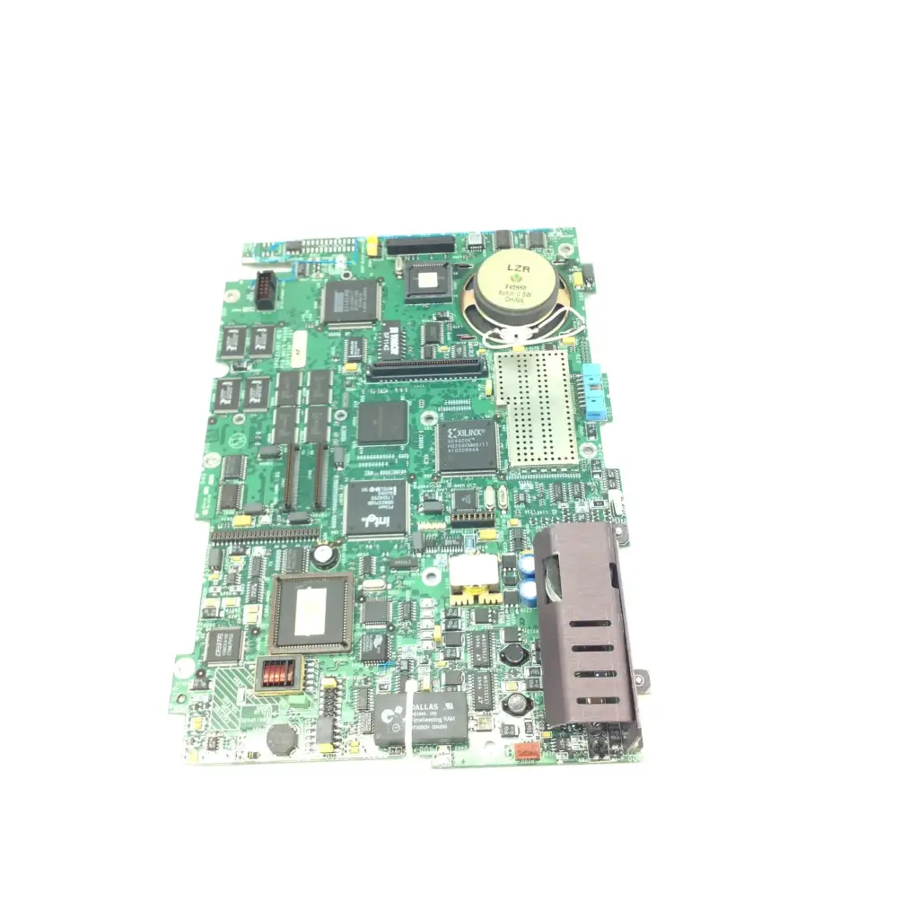 Spacelabs 90369 pcb main board with green circuit board and prominent yellow capacitor featuring electronic components