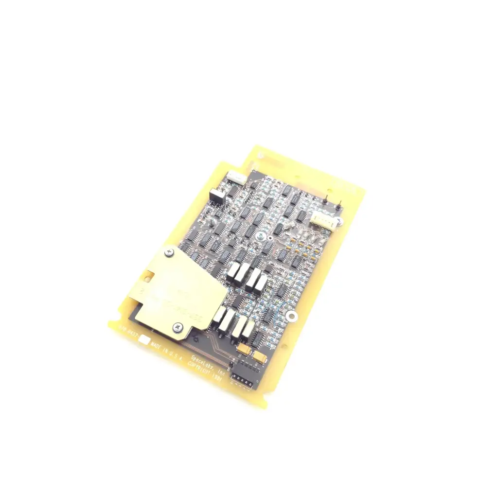 Yellow plastic housing containing black circuit board with electronic components for spacelabs 90470 multi parameter module ecg resp circuit board