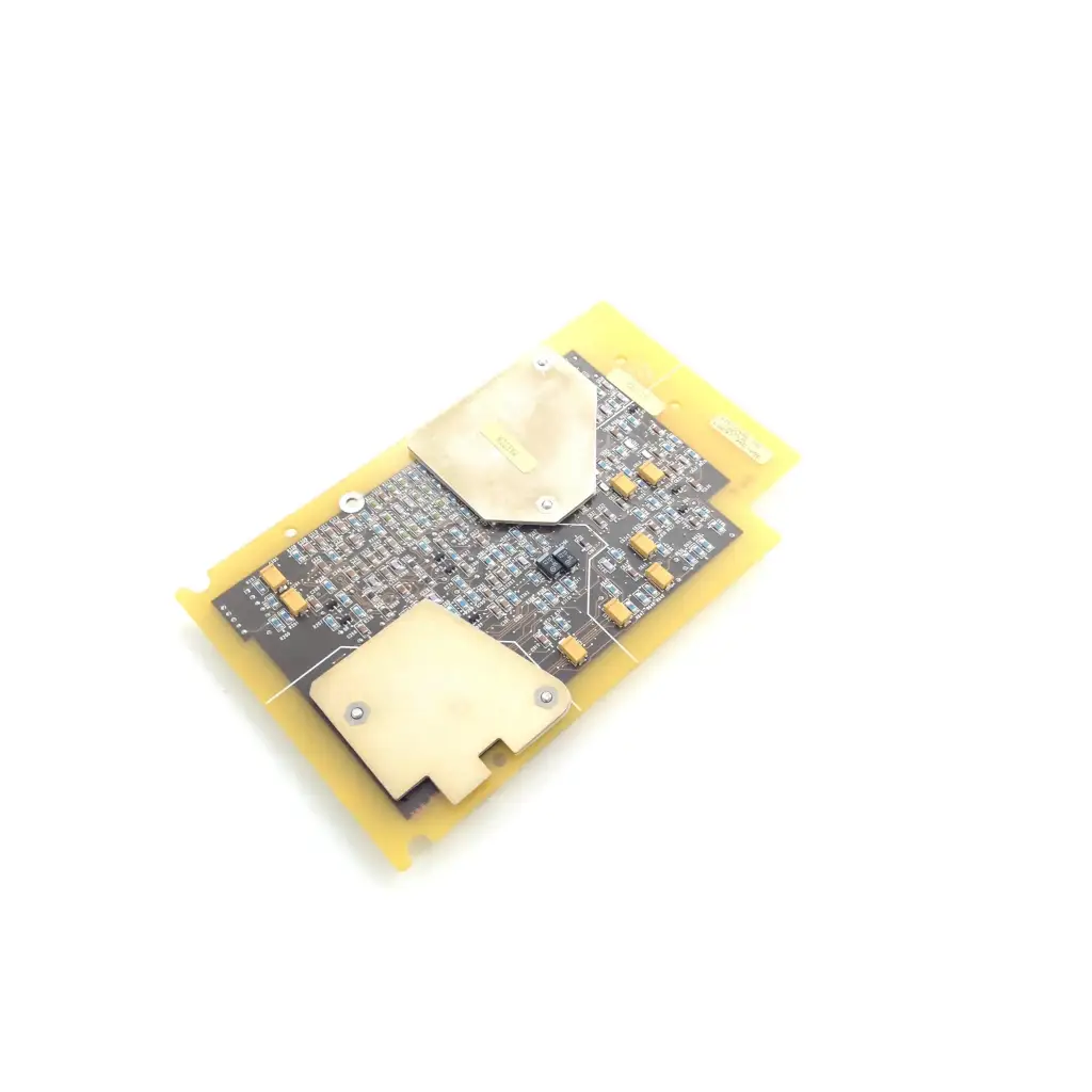 Yellow plastic spacelabs 90470 multi parameter module ecg and resp circuit board with black circuitry and heat sinks