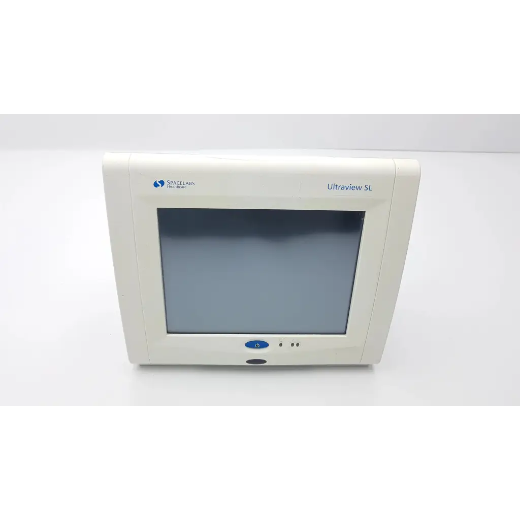 White plastic ultraview patient monitor with rectangular screen by spacelabs healthcare model ultraview sl