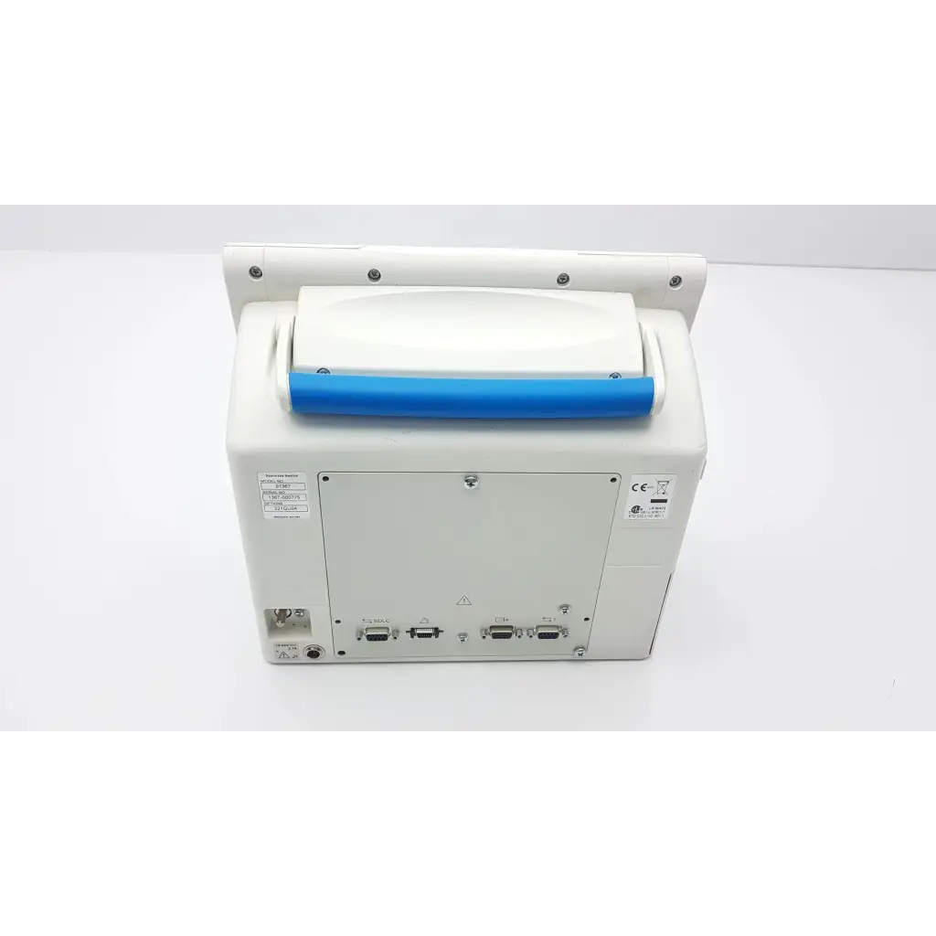 Back of white spacelabs healthcare ultraview patient monitor with blue handle and multiple connection ports