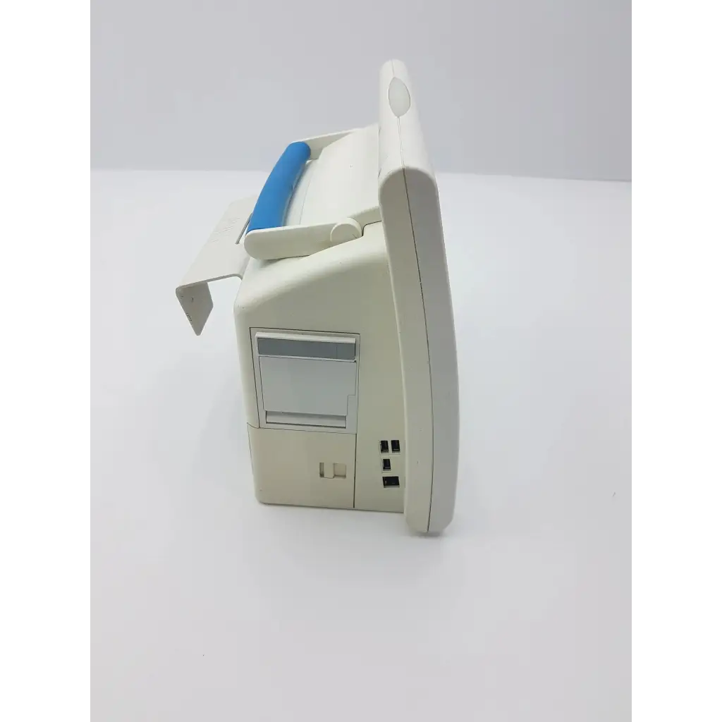White spacelabs healthcare ultraview network patient monitor with blue handle and gray control panel for vital signs monitoring