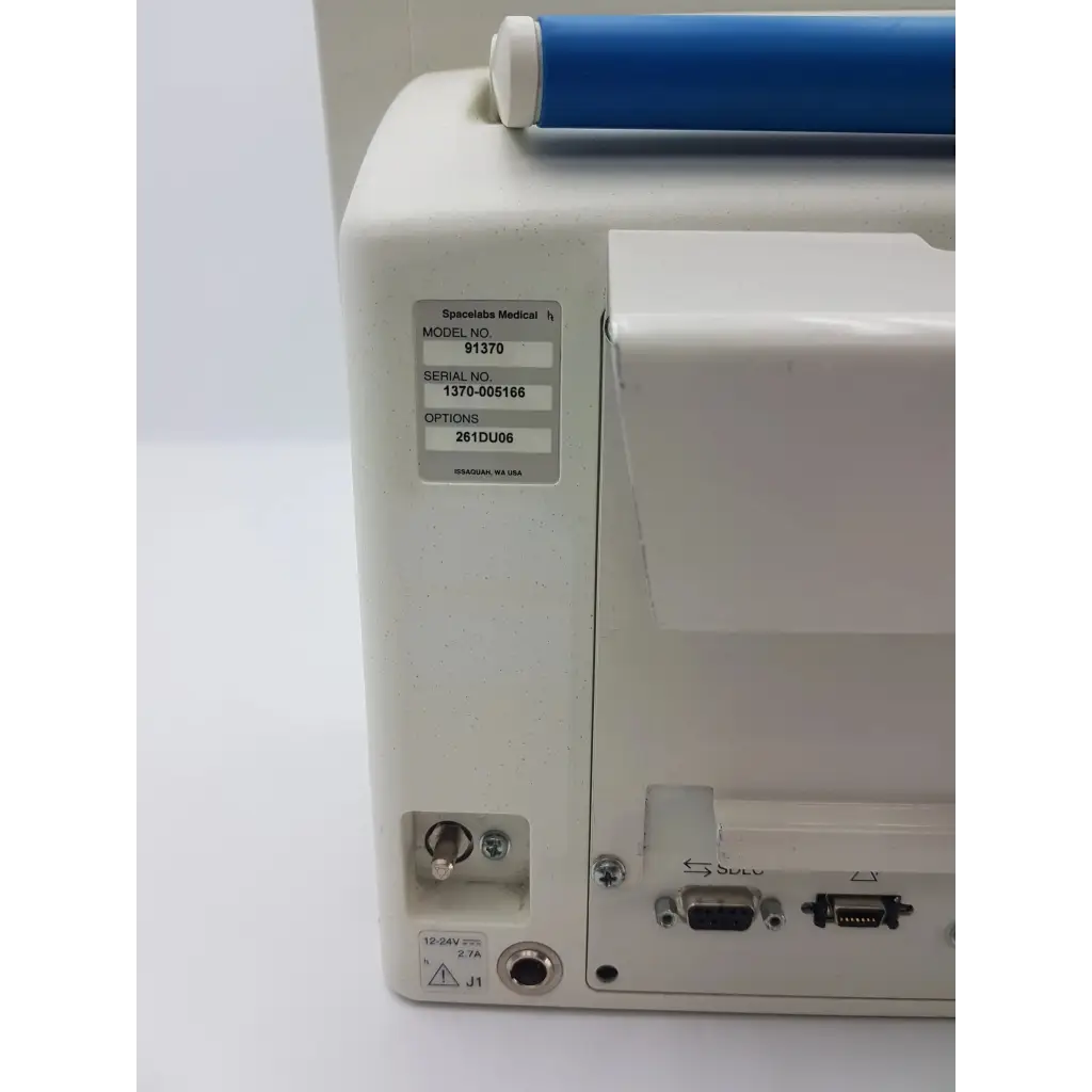 White speeclabs medical 91370 network patient monitor with blue handle and labeled ports for spacelabs healthcare ultraview