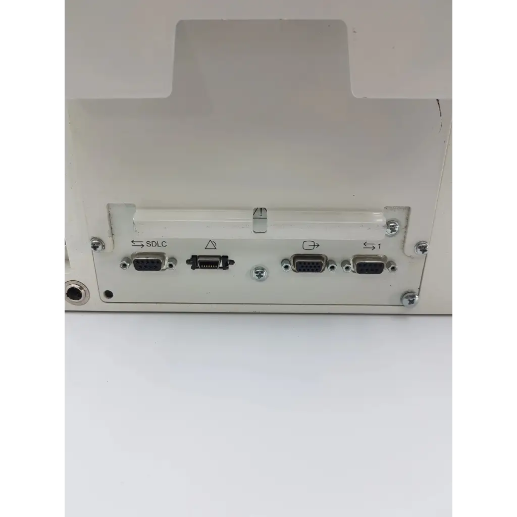 White industrial-grade spacelabs healthcare ultraview sl 91370 network patient monitor backside with multiple serial ports and connectors