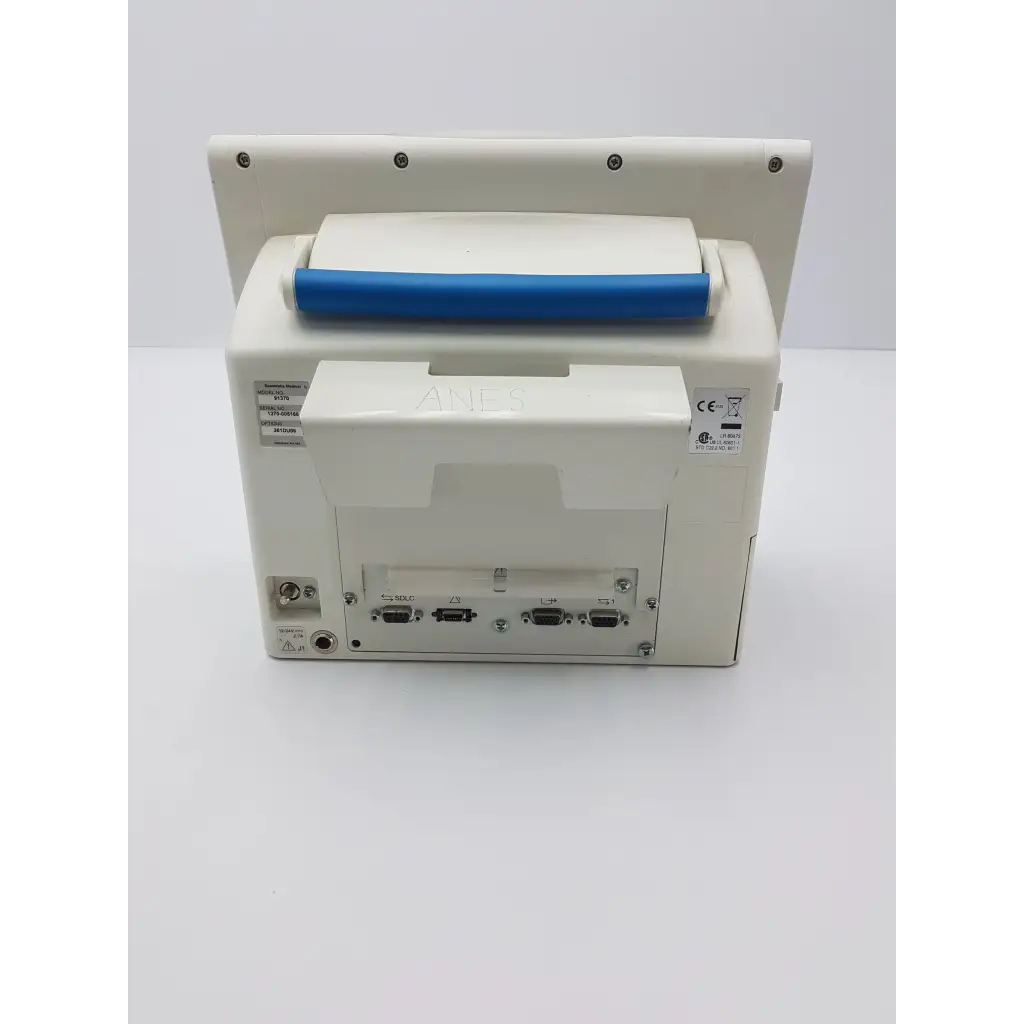 White spacelabs healthcare ultraview sl 91370 network patient monitor with blue handle and multiple ports at back side