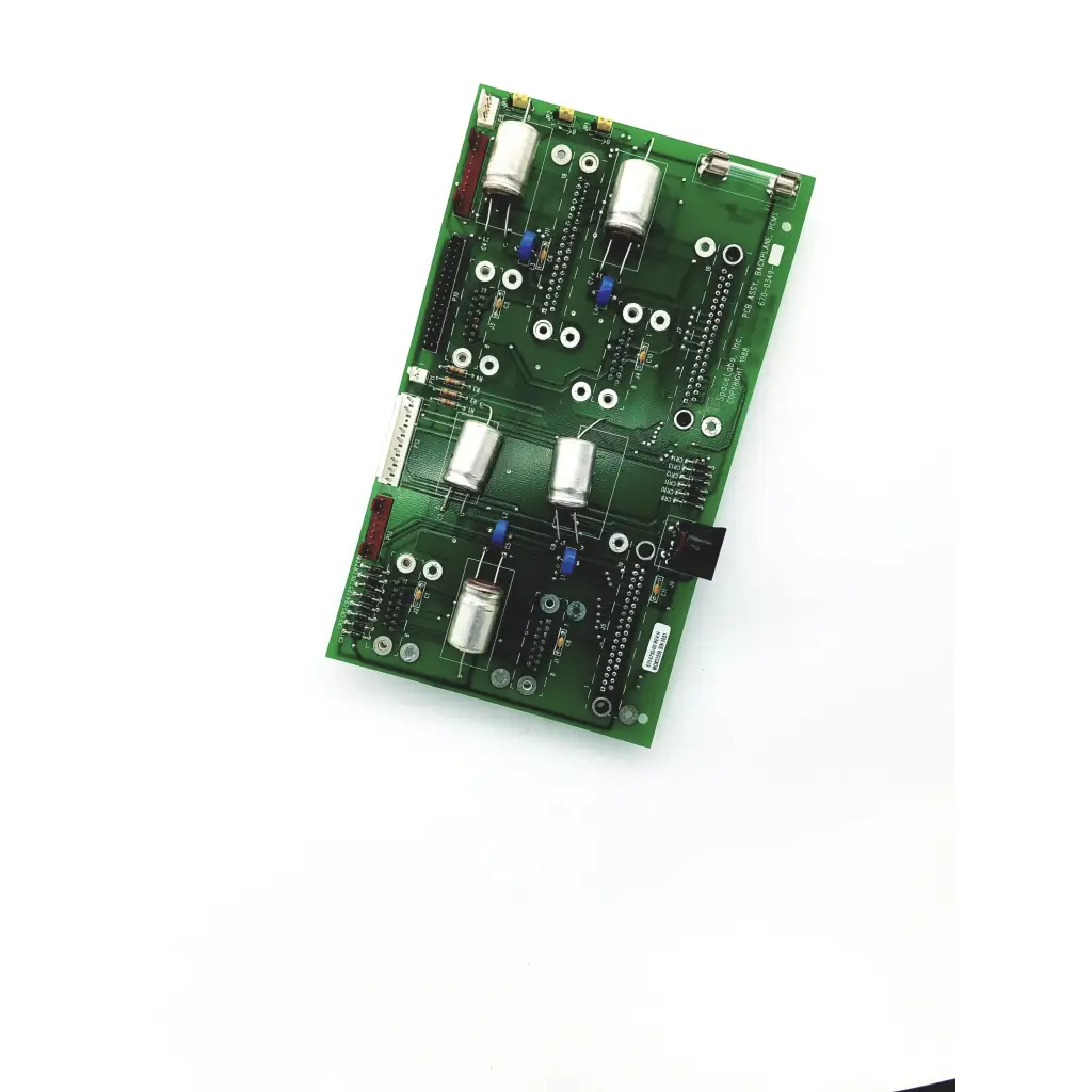 Green spacelabs pcb assy backplane pcms 670-0349 with silver capacitors and black connectors on printed circuit board