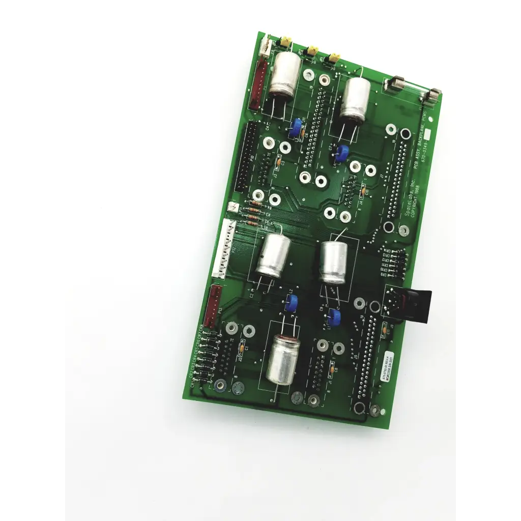 Green spacelabs pcb assy backplane with silver capacitors and black integrated circuits for assy backplane pcms 670-0349