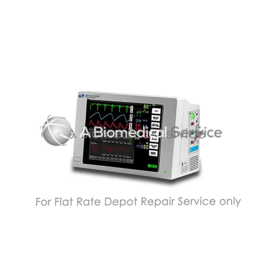 White rectangular spacelabs ulerview 90369 touchscreen patient monitor displaying waveforms for medical equipment repair service