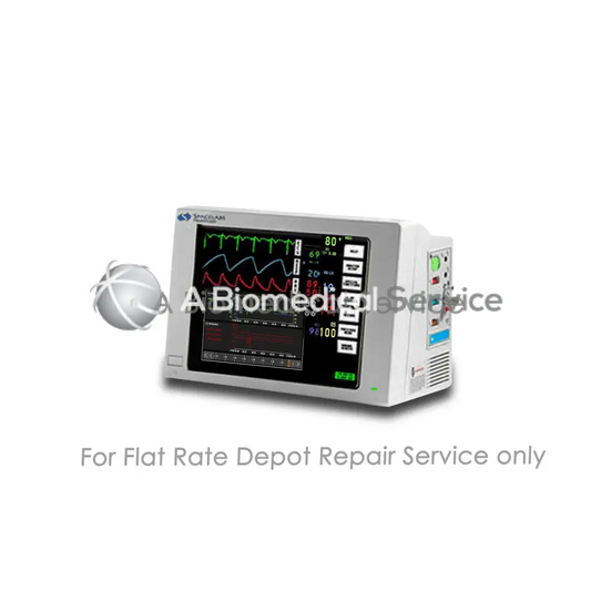 White rectangular spacelabs ulerview 90369 touchscreen patient monitor displaying waveforms for medical equipment repair service