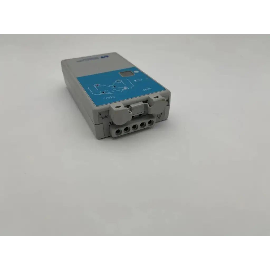 Gray spacelabs ultraview digital telemetry transmitter with blue panel and labeled ports for emergency monitoring