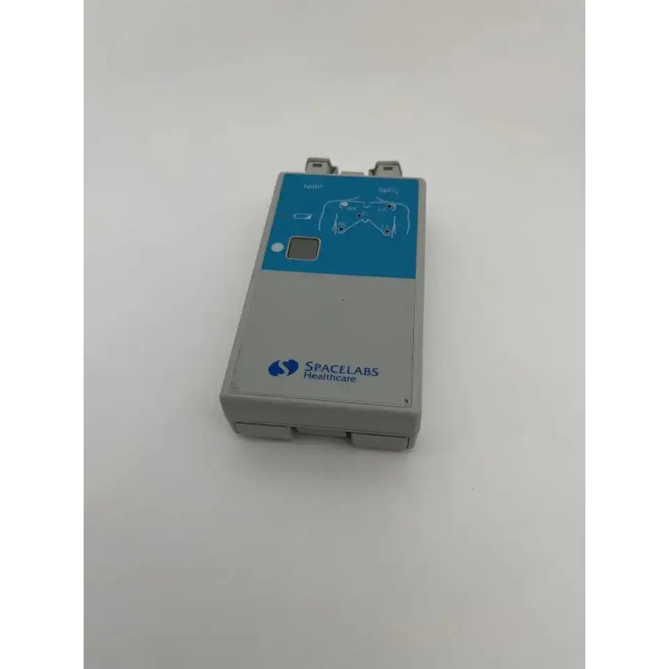 Gray and blue spacelabs ultraview digital telemetry defibrillator monitor with chest electrode placement diagram front panel