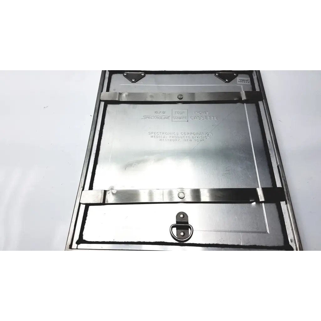 Silver metallic spectroline 10x12 radiographic cassette storage case with engraved branding and sturdy latch