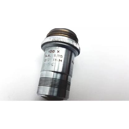 A metallic spencer 100x na 1.25 dil 1mm microscope objective lense with engraved specifications and threaded top