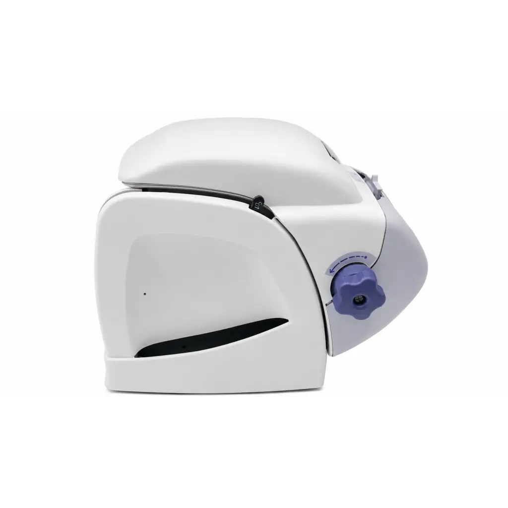 White plastic meat slicer with purple adjustment knob shown with titmus i400 biomed certified vision screener product