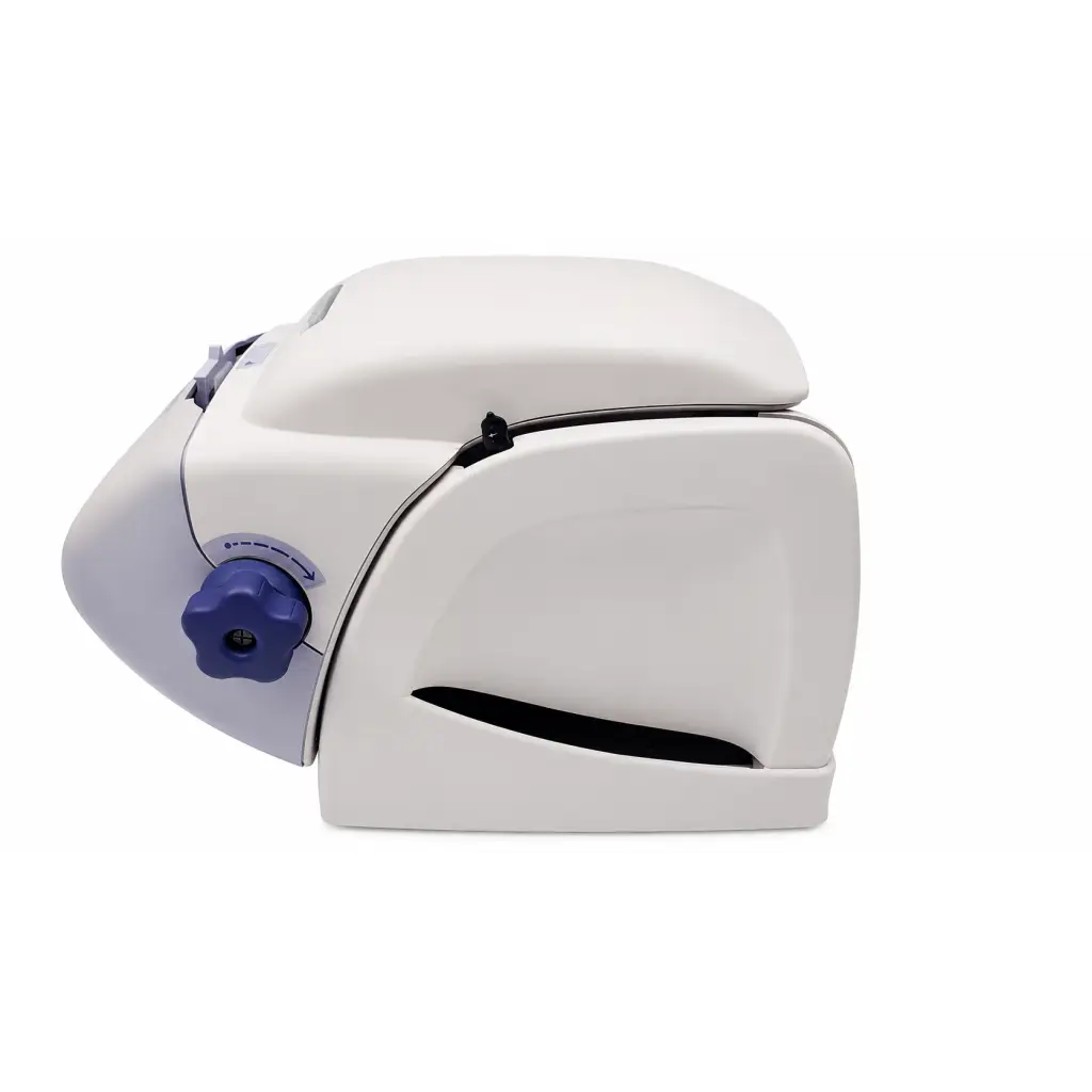 White plastic knee scooter with blue adjustment knob and black trim used with sperian titmus i400 biomed certified vision screener