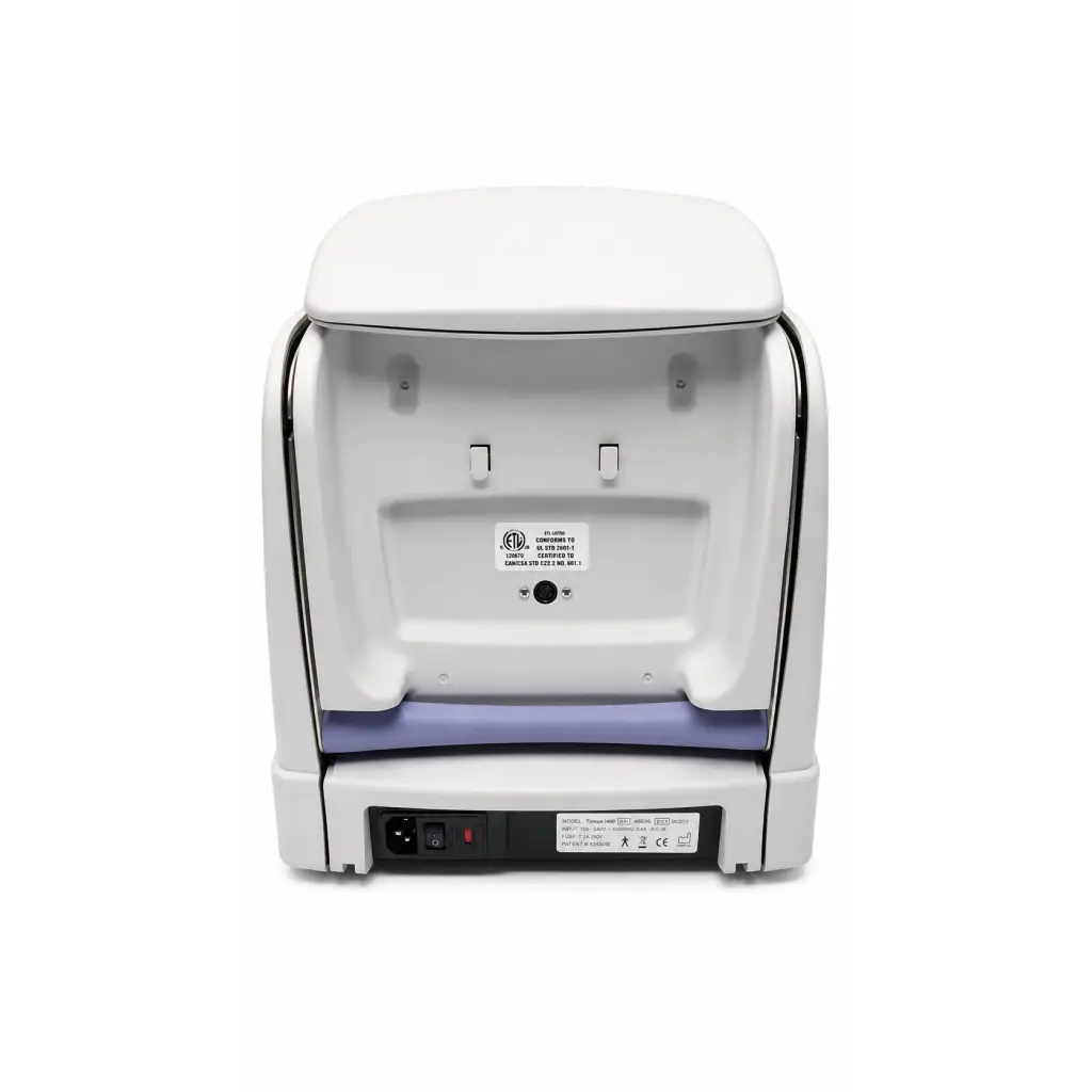 White and purple compact toaster oven with sleek modern design featured alongside biomed certified titmus i400 vision screener
