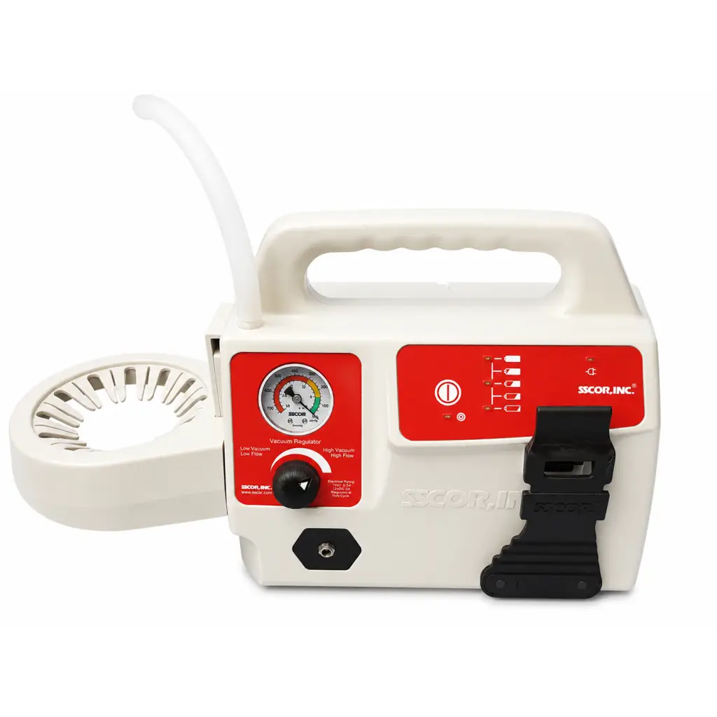 Sscor ii 2310v portable suction unit with white and red body black control knobs and clear tube attached