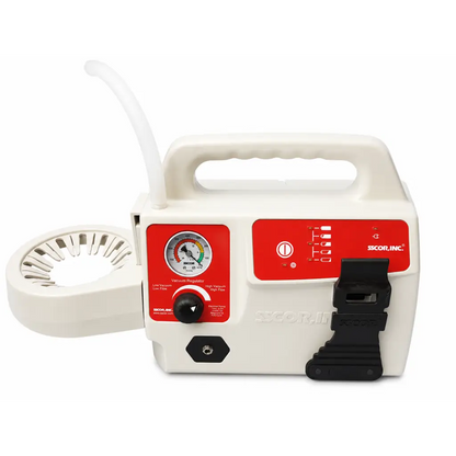 Sscor ii 2310v portable suction unit with white and red body black control knobs and clear tube attached